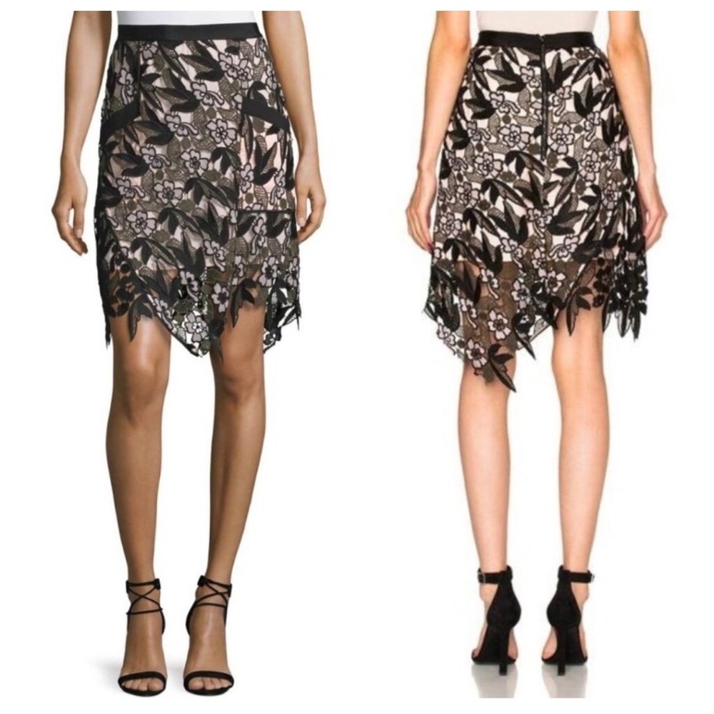 Self Portrait Nina Black Pink Lace Floral Midi Skirt UK 4 US‎ 0 Asymmetrical Hem